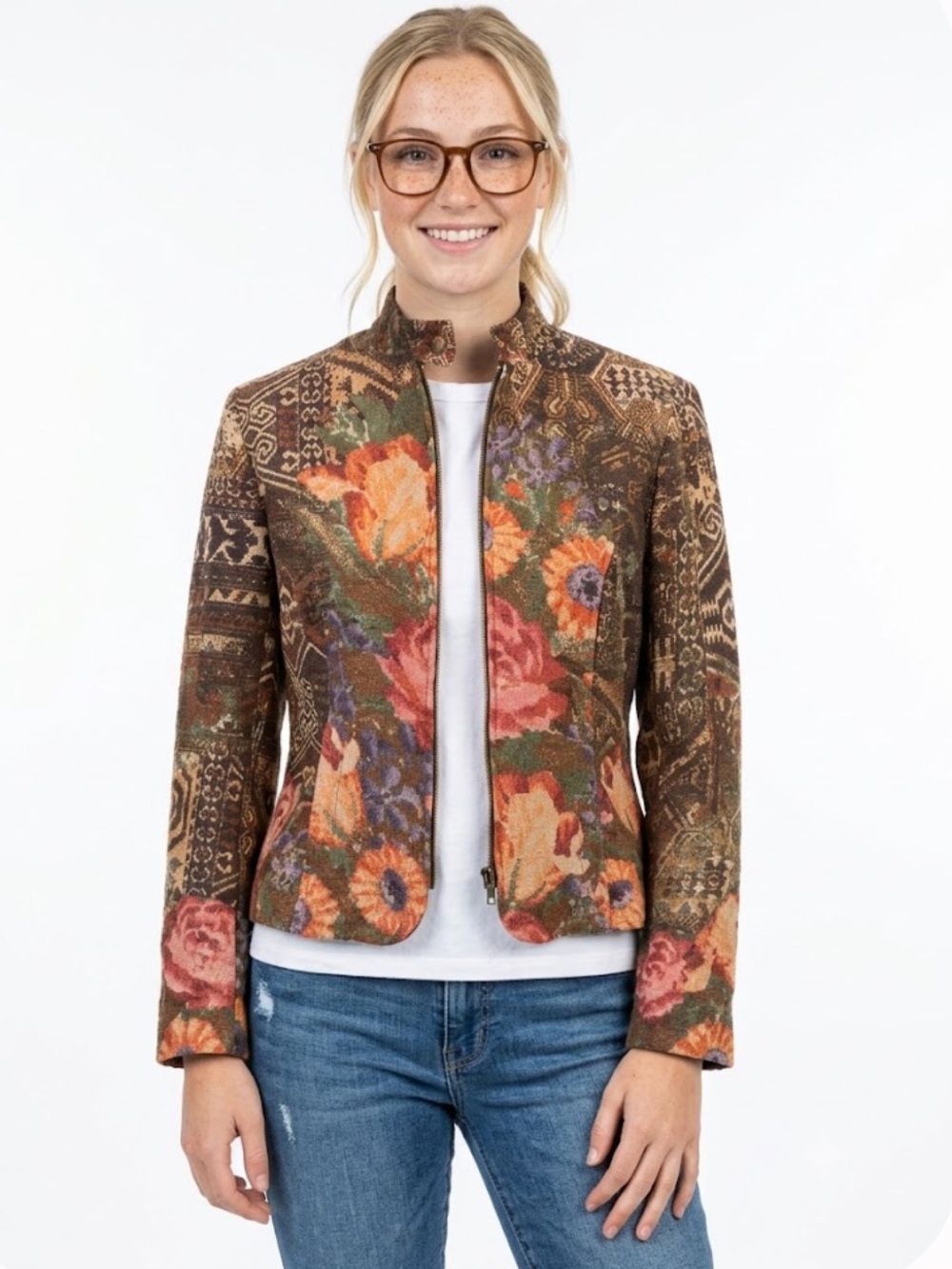 Coldwater Creek Brown Tapestry Floral Zip Jacket - Size Petite 6